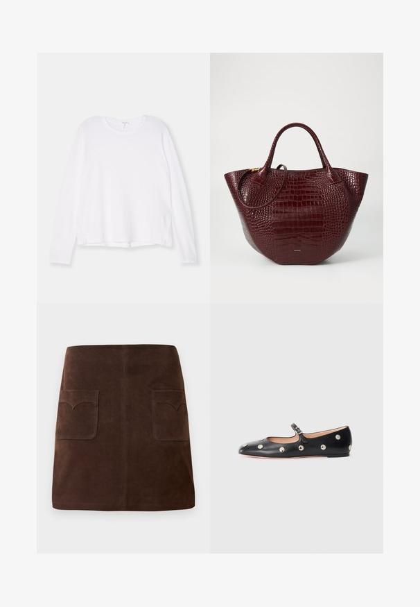 Fehér, hosszú ujjú ing, puha anyagból, kerek nyakkivágással, laza szabással és oldalsó hasítékokkal az alján a szabad mozgás érdekében.; Barna velúr szoknya klasszikus A-vonalú fazonnal, két elülső zsebbel kerek fedéllel és diszkrét varrási részletekkel.; Fekete bőr Mary Jane lapossarkú cipő, lekerekített orral, ezüst színű kör alakú szegecsekkel és állítható pánttal, csattal.; Burgundi színű krokodilbőr mintázatú tote táska két fogantyúval, lekerekített formával és diszkrét aranyszínű fém kiegészítővel.
