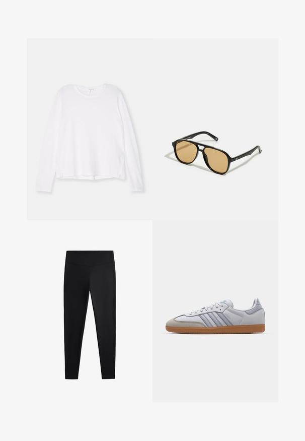 White long-sleeve shirt made of soft fabric, featuring a round neckline, relaxed fit, and side slits at the hem for ease of movement.; Black leggings made of smooth, stretchy fabric. Features a wide waistband and tapered leg design, suitable for active or casual wear.; White leather sneakers with light blue accents, grey suede toe, and a brown rubber sole. Features three blue stripes and "Samba" branding.; Black sunglasses with brown tinted lenses; rectangular shape with a thick frame, including subtle hardware accents on the temples.