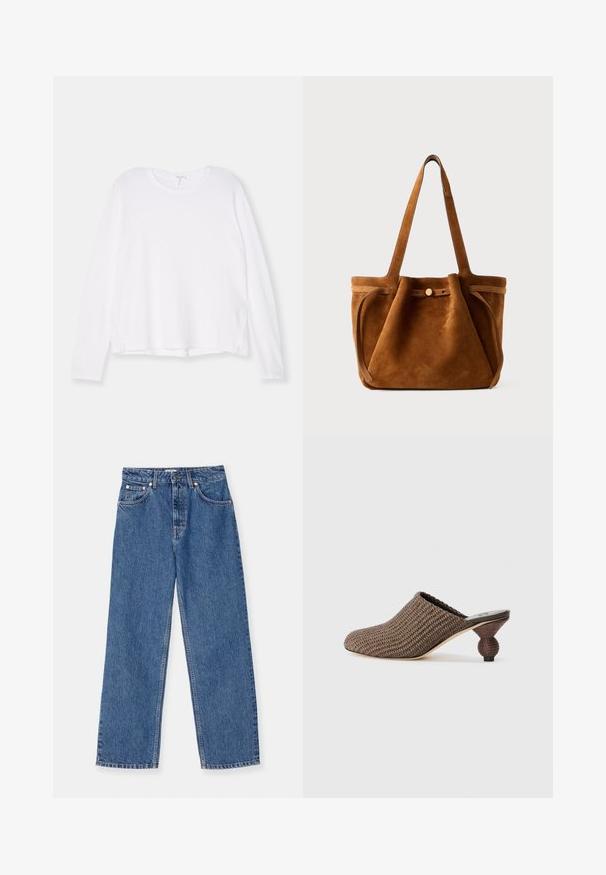 Witte long-sleeve shirt van zachte stof, met een ronde halslijn, een ontspannen pasvorm en zijsplitsingen aan de zoom voor een gemakkelijke beweging.; Blauwe denim jeans met een wijde pijp, klassiek vijf-pocketdesign en metalen hardwareaccenten. Lichte slijtage op de stof aanwezig.; Geweven instapschoen in donkerbruin met een gestructureerd oppervlak en een unieke ronde hak, met een compacte vorm en zonder rugsteun.; Bruine suède totebag met dubbele handvaten, een knoopsluiting en een ontspannen, iets slonzige vorm.