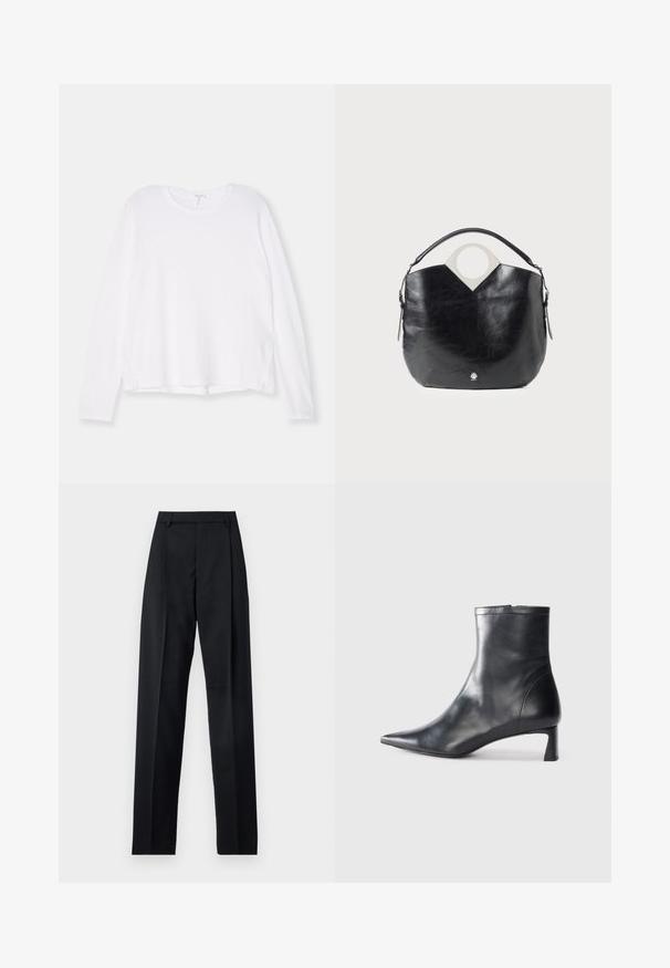 Valge pikkade varrukatega särk, mis on valmistatud pehmest kangast, ümmarguse kaelusega, lõdva lõikega ja külgedel lõhikute ning hemmi jaoks, et liikumine oleks mugavam.; Mustad püksid siledast kangast, millel on kõrge vöökoht, laiad jalad, esimesed kortsud ja klassikalised vööloopid. Küljepockets pole nähtavad.; Mustad mustall nahkasaabas terava nina ja stiilse disainiga. Omab madalat konts ja luku sulgemist taga. Sile tekstuur.; Must mustroosa nahast kott, millel on kõver kuju, ümmargune ülemine käepide ja hõbedane logo detail. Sile tekstuur ja märkimisväärne lõikekujunduse element.