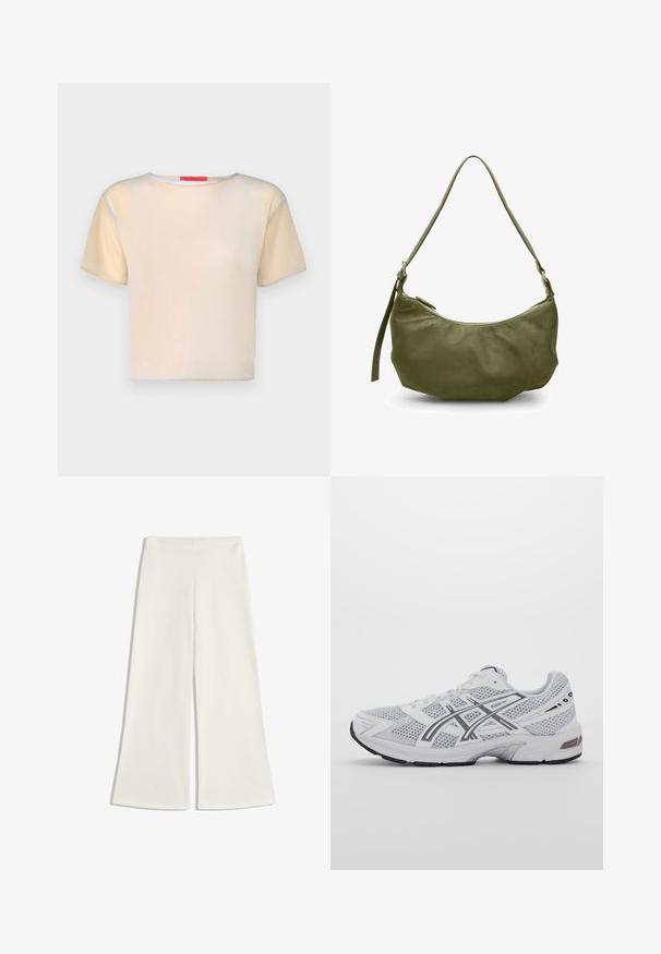Kortærmet, lys beige top med rund halsudskæring. Har blå og gule accenter langs ærmerne og kanten. Glat, let materiale.; Hvide, brede bukser lavet af glat stof. De har en høj talje og ingen synlige sømme, hvilket skaber en ren silhuet.; Hvide mesh sportssko med grå detaljer, struktureret design, snøresystem, polstret krave og gummisål for bedre greb.; Olivengrøn læder skuldertaske med en buet form, lynlåslukning og justerbar rem. Glat tekstur med minimale hardware detaljer.