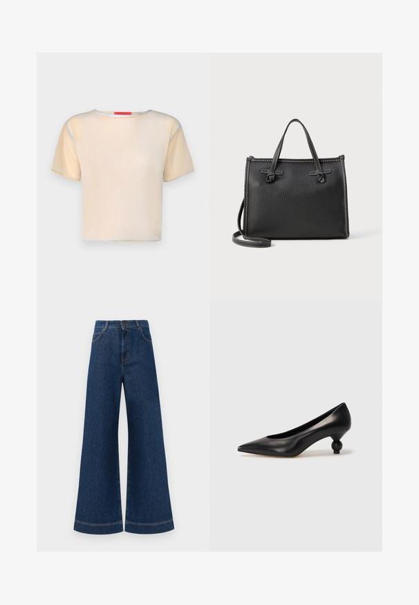 Kurzärmliges, hellbeiges Oberteil mit rundem Ausschnitt. Mit blauen und gelben Akzenten an den Ärmeln und dem Saum. Glattes, leichtes Material.; Weite blaue Jeans aus Denim mit hoher Taille, ausgestattet mit einem Knopfverschluss, Gürtelschlaufen und dezenten Stichdetails an den Taschen und Säumen.; Schwarze Leder-Pumps mit spitzem Zehenbereich und runder, ballförmiger Ferse. Glatte Textur mit einem eleganten, minimalistischen Design.; Schwarze Lederhandtasche mit strukturiertem Finish, rechteckiger Form, zwei oberen Griffen und einem abnehmbaren Schultergurt. Kontrastnähte.