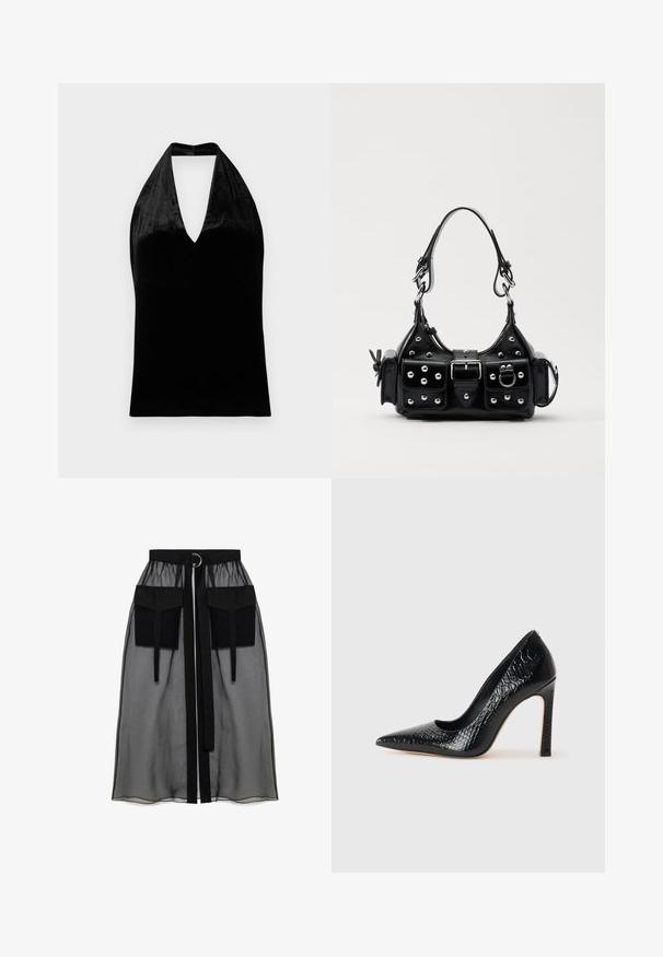 Black velvet halter top with deep V-neck and wide straps, sleeveless with a smooth, soft texture.; Black sheer skirt with a gathered waistband, featuring two large front pockets, a waist tie, and a circular metal accent.; Black pointed-toe high heel shoe with a crocodile-skin texture, featuring a sleek design, high stiletto heel, and smooth black interior.; Black leather handbag with a curved design, featuring silver studs, a buckle, and two side pockets. Adjustable strap for carrying options.