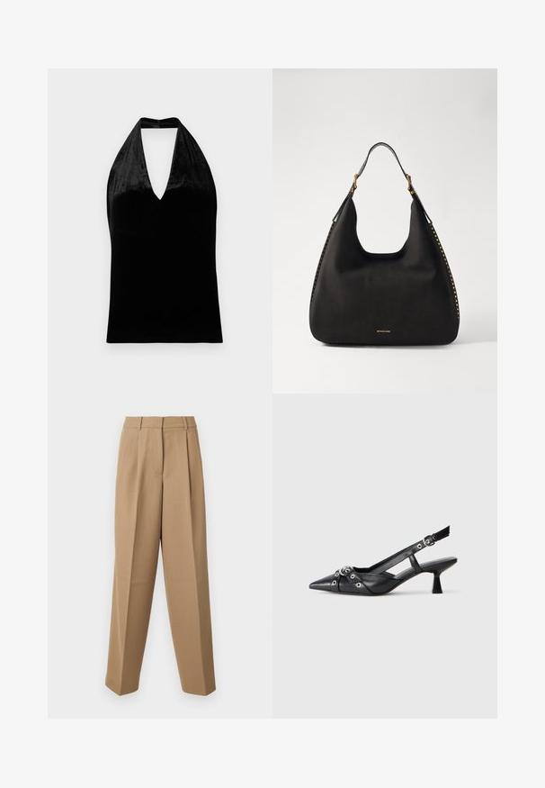 Top halter in velluto nero con scollo a V profondo e spalline larghe, senza maniche e con una texture liscia e morbida.; Pantaloni beige su misura con vita alta, fronte plissettato e taglio a gamba larga. Il tessuto appare morbido con una leggera lucentezza.; Scarpa slingback nera in pelle con punta affusolata, cinturini decorativi con occhielli metallici e tacco basso a blocco. Superficie testurizzata.; MICHAEL Michael Kors NOLITA HOBO  - Borsa a mano - black
