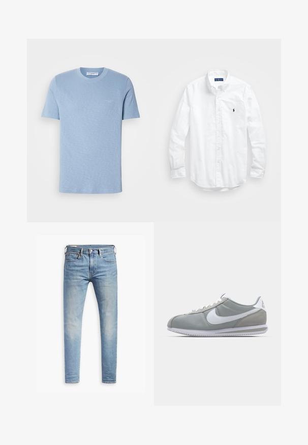 Jasnoniebieska bawełniana koszulka, z krótkim rękawem, okrągły dekolt, subtelne logo z przodu, gładka struktura, standardowy krój.; Biała, bawełniana koszula z długim rękawem zapinana na guziki. Posiada klasyczny kołnierzyk, mankiety zapinane na guziki oraz małe, granatowe, haftowane logo na klatce piersiowej.; Jasnoniebieskie, dopasowane dżinsy z lekkim przetarciem na udach, z zapięciem na guziki z przodu, pętelkami na pasek oraz pięcioma kieszeniami, na białym tle.; Szare buty sportowe z cholewką z zamszu i tekstyliów, białym logo Nike i białymi sznurówkami. Posiadają teksturowaną gumową podeszwę i wyściełany kołnierz.