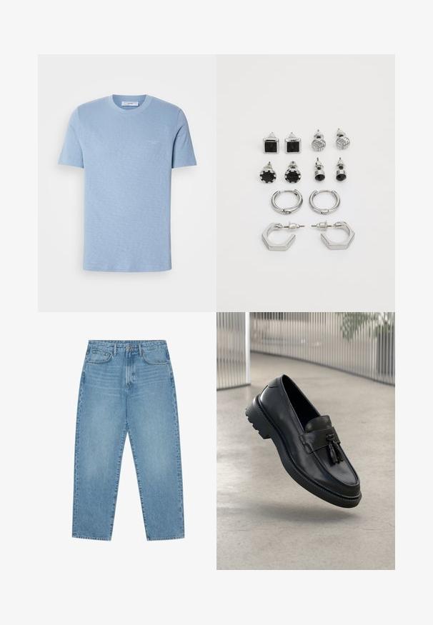 Light blue cotton t-shirt, short sleeves, crew neck, subtle logo on the front, smooth texture, regular fit.; Light blue denim wide-leg jeans with a high waist, featuring five pockets, belt loops, and a soft, slightly faded texture.; Black leather loafers with a smooth finish, decorative tassel, thick rubber sole, and stitched accents. Lightweight and sleek design.; Silver-tone earrings set, featuring two pairs of hoop earrings and six stud pairs with various shapes and textures, including black accents.
