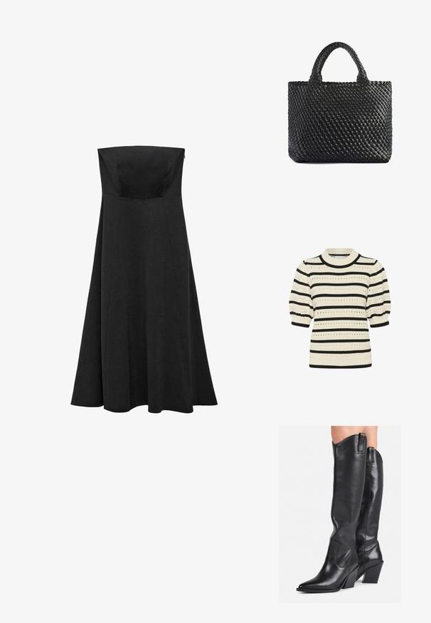 Sweter dzianinowy w kremowe i czarne poziome paski, z krótkimi, bufiastymi rękawami, ribbrowanym dekoltem i wzorami oczek w całej powierzchni.; Czarna sukienka bez ramiączek z dopasowanym bodicem i rozkloszowaną, do ziemi spódnicą. Wykonana z gładkiego materiału bez widocznych wzorów czy akcentów.; Czarne skórzane kozaki sięgające do kolan z wąskim noskiem, wygiętym cholewką i grubym obcasem. Posiadają gładką fakturę oraz uchwyty u góry.; Czarna pleciona torba na ramię z dwoma uchwytami, charakteryzująca się teksturowaną powierzchnią i prostokątnym kształtem. Prosty, unikalny design bez widocznych elementów metalowych.