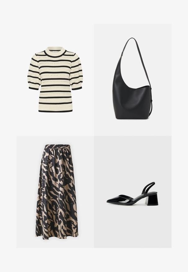 Maglione a maglia con strisce orizzontali crema e nere, maniche a palloncino corte, scollatura a coste e motivi ad occhiello in tutto il capo.; Gonna lunga nera e beige con fascia elastica in vita, caratterizzata da un motivo di stampa animale astratta e una silhouette fluida.; Décolleté in vernice nera con punta affusolata e tacco in geometria cubica. Presentano un design elegante e minimalista, con una texture liscia.; Borsa hobo nera in pelle con una superficie liscia, forma curvata e una singola tracolla regolabile; presenta un'ampia apertura nella parte superiore.