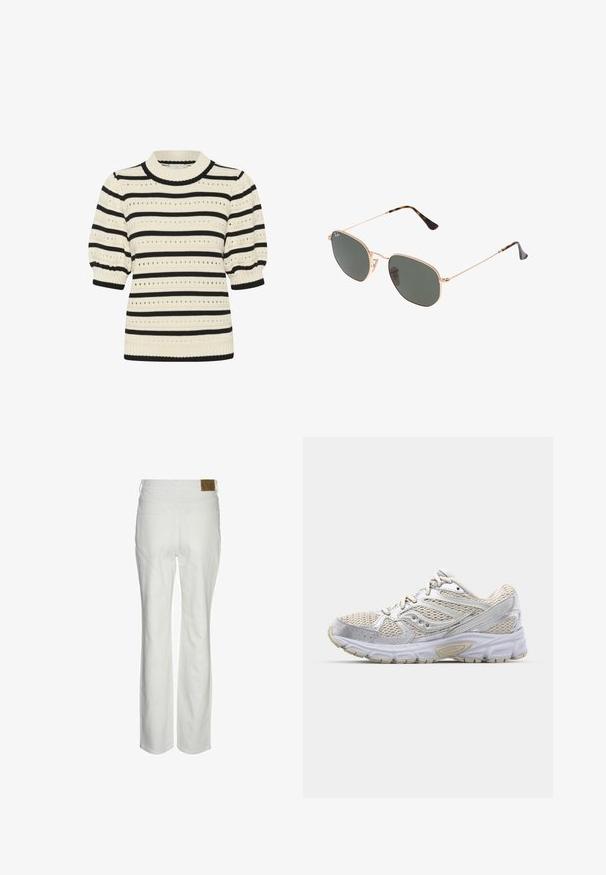 Strickpullover mit cremefarbenen und schwarzen horizontalen Streifen, kurzen Puffärmeln, einem gerippten Kragen und Lochmustern überall.; Weiße hoch-taillierte Hose aus Baumwollmischung. Sie hat einen geraden Beinaufschnitt, zwei Gesäßtaschen und ein markiertes braunes Etikett am Bund.; Leichte Laufschuhe mit einem weißen Mesh-Obermaterial und silbernen Akzenten, gepolstertem Sohlen und einem strukturierten Gummi-Außensohle für Grip.; Goldfarbene Metallrahmen-Sonnenbrillen mit dunkelgrünen Gläsern im Pilotenstil, mit schlanken Bügeln und Schildpatt-Akzenten an den Spitzen.