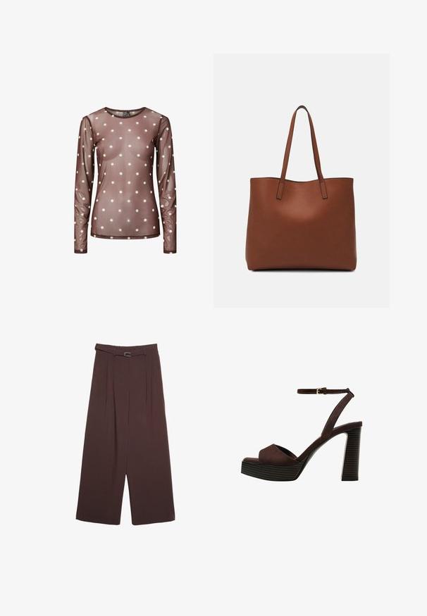 Top lungo a maniche con trasparenza di colore marrone con pois bianchi e scollatura rotonda, tessuto leggermente trasparente vista frontale su sfondo bianco.; Stradivarius WIDE-LEG WITH BUCKLE DETAIL - Pantaloni - dark brown; Sandal in camoscio marrone con tacco alto, punta aperta, cinturino alla caviglia regolabile e suola a piattaforma striata.; Borsa tote in pelle marrone con texture liscia, design con apertura superiore e due spallacci. Presenta cuciture minime e nessun hardware visibile.