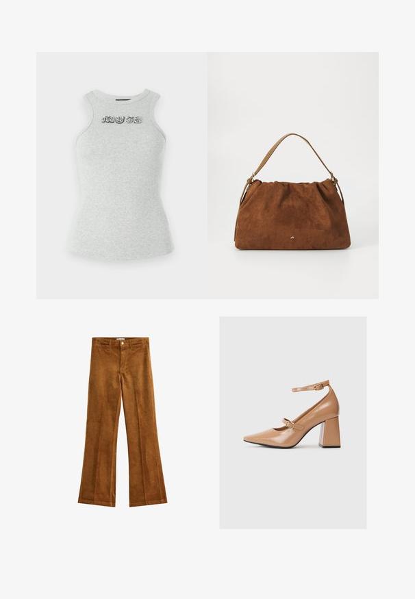 Gray sleeveless cotton tank top with ribbed texture and decorative sequined lettering spelling "MUSE" on the chest. Fitted design.; Brown corduroy flared pants with a textured finish, five pockets, and a button closure. Flat waist with belt loops and a wide leg design.; Beige patent leather high-heeled shoes with a pointed toe, an ankle strap, and a chunky square heel. Smooth texture with glossy finish.; Brown suede handbag with a gathered design, featuring a single tan leather strap and a subtle gold logo detail on the front.
