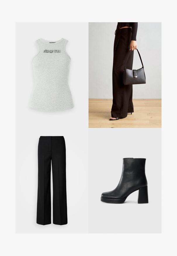 Grå ermeløs bomullstopp med ribbet tekstur og dekorativt paljettskrift som staver "MUSE" på brystet. Fitted design.; Svarte vide bukser med et glatt stoff, med høy livvidde, skreddersydde sømmer og et minimalistisk design. Ingen synlig maskinvare eller lommer.; Sorte skinnankelsko med blokkhæl og plattformsåle, sett fra siden på en enkel hvit bakgrunn.; Svart håndveske med strukturert form, jevn tekstur og metallisk lås. Kombinert med brede svarte bukser og sandaler med åpen tå på tregulv.