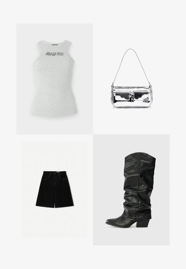 Szara bezrękawnikowa koszulka z bawełny z prążkowaną fakturą i dekoracyjnym, cekinowym napisem "MUSE" na klatce piersiowej. Dopasowany krój.; Czarne szorty dżinsowe o luźnym kroju, z pięcioma kieszeniami, żółtymi przeszyciami i średnim stanem.; Czarne skórzane wysokie botki z luźnym krojem, szpiczastym noskiem i grubym obcasem, charakteryzujące się gładką fakturą i minimalnym przeszyciem.; Srebrna metaliczna torebka na ramię z dwoma kieszeniami z przodu, gładką fakturą, detalami w postaci szwów i jednym odczepianym paskiem. Kompaktowy prostokątny kształt.