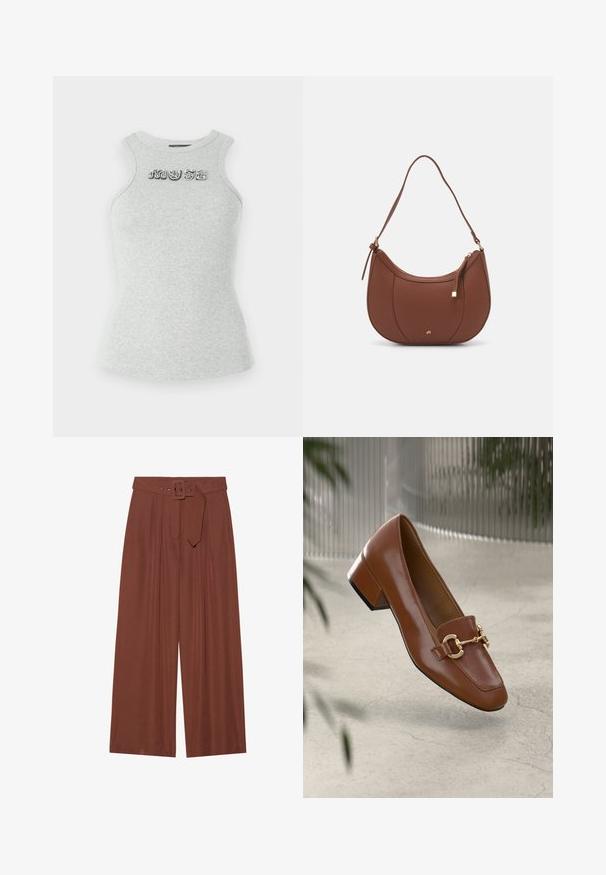 Top de algodón gris sin mangas con textura acanalada y letras decorativas de lentejuelas que dicen "MUSE" en el pecho. Diseño ajustado.; Pantalones de pierna ancha en tela marrón, con un cinturón de hebilla cuadrada, diseño plisado y textura suave.; Mocasines de charol marrón con punta cuadrada, acento de cadena metálica y tacón bajo; textura suave, diseño minimalista.; Bolso de hombro de imitación cuero marrón con forma curva, costura mínima y un acento de hardware en tono dorado. Presenta un cierre de cremallera en la parte superior y una correa ajustable.