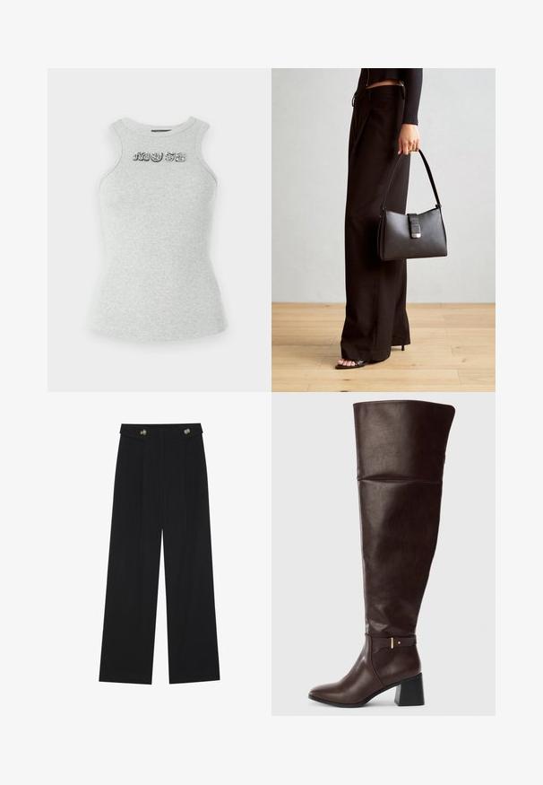 Graues ärmelloses Baumwolltanktop mit gerippter Textur und dekorativem, mit Pailletten besticktem Schriftzug "MUSE" auf der Brust. Enganliegendes Design.; Schwarze weite Hosen mit hoher Taille, Knopfdetails am Bund und vorderen Falten.; Dunkelbraune, knöchelhohe Lederstiefel mit Blockabsatz und dekorativem Riemendetail an der Seite, vor einem schlichten hellen Hintergrund gezeigt.; Schwarze Handtasche mit strukturierter Form, glatter Textur und einem metallischen Verschluss. Kombiniert mit weiten schwarzen Hosen und offenen Sandalen auf einem Holzboden.