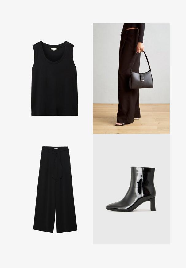 Zwarte mouwloze tanktop met een ronde halslijn. Gemaakt van een gladde stof, met een losse pasvorm en geen zichtbare patronen of accenten.; Zwarte wijde broek van textuurstof, met een elastische tailleband en een afneembare sjaalstrik in de taille voor een verstelbare pasvorm.; Zwarte gepolijste leren enkellaars met een spitse neus en een blokhak van gemiddelde hoogte. Glad textuur en minimalistisch ontwerp.; Zwarte handtas met gestructureerde vorm, gladde textuur en een metalen sluiting. Gecombineerd met brede zwarte broeken en sandalen met open teen op een houten vloer.