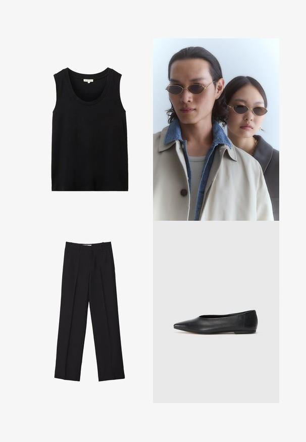 Black sleeveless tank top with a round neckline. Made from a smooth fabric, featuring a relaxed fit and no visible patterns or accents.; Black tailored trousers with a straight-leg design, featuring double pleats, a smooth texture, and subtle front seam details.; Black leather ballet flat, pointed toe, minimalistic design, smooth texture, low-profile heel, no visible hardware or embellishments.; Gold-framed sunglasses with oval lenses, worn by two individuals. One wears a beige coat with a denim collar; the other in a dark, collared top.; Black leather handbag with two handles, oval shape, smooth texture, subtle branding, and a heart-shaped tag attached.