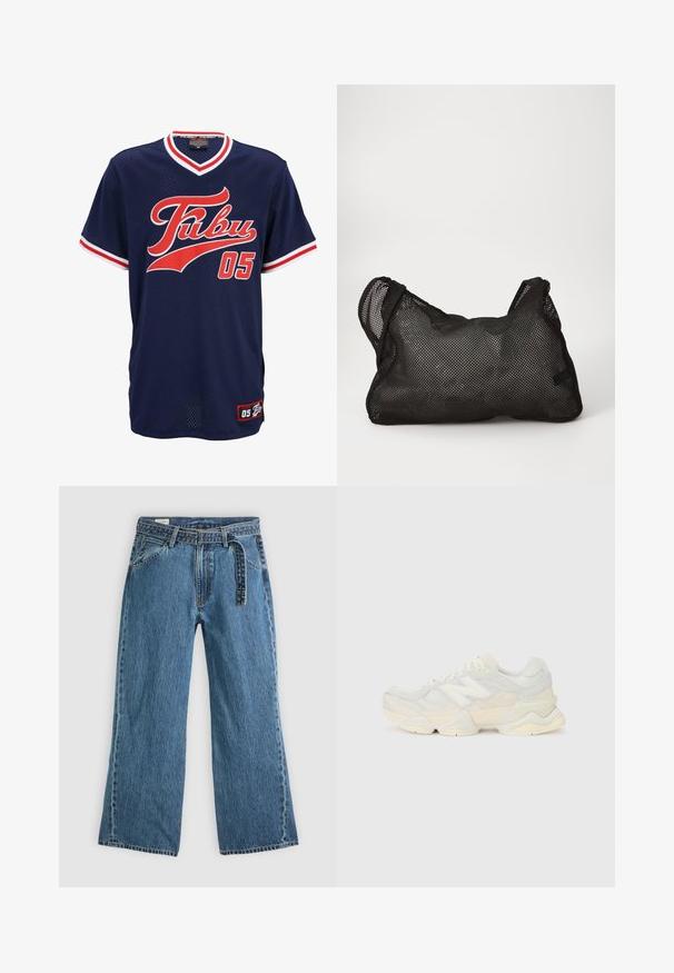 Granatowa siateczkowa koszulka z czerwonymi i białymi akcentami, z logo "Fubu" w stylu pisma odręcznego oraz numerem "05" na przedzie. Krótkie rękawy.; Niebieskie dżinsowe spodnie szerokie z dołączonym paskiem, kieszeniami z przodu i widocznym przeszyciem na jednolitym jasnym tle.; Lekki sneakers z siateczkową i zamszową cholewką w delikatnych kremowych odcieniach, z masywną podeszwą i trójwymiarowymi akcentami.; Czarna siateczkowa torba o miękkiej, teksturowanej powierzchni i zaokrąglonym kształcie. Posiada dwa uchwyty oraz przestronne wnętrze. Lekka i przewiewna konstrukcja.