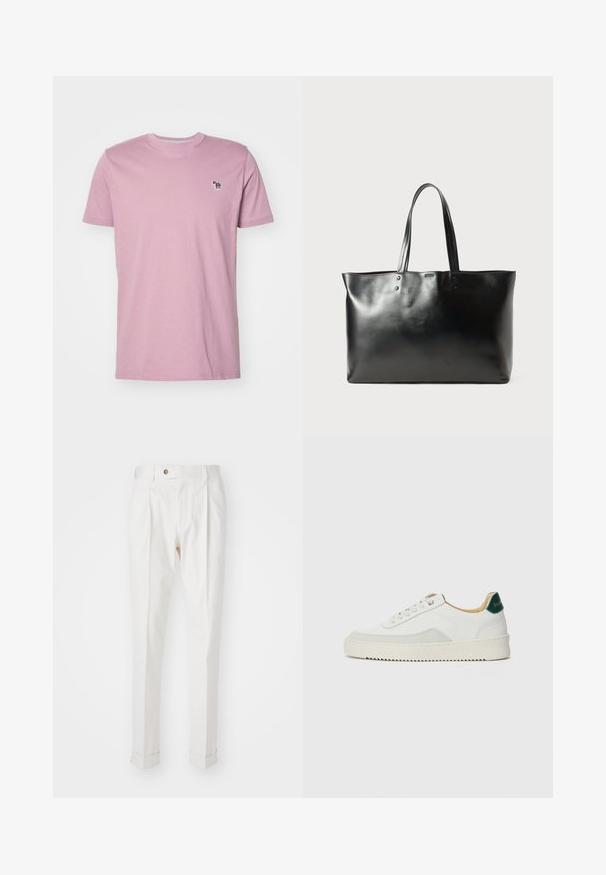 T-shirt de algodão rosa claro com gola redonda. Apresenta uma pequena impressão de elefante multicolorido no lado esquerdo do peito. Manga curta, textura suave.; Calças brancas, ajustadas, com frente lisa, duas pregas e bainhas viradas. Feitas de um tecido suave com fecho de botão na cintura.; Tênis brancos com detalhes em camurça, bico arredondado, atacadores planos e sola de borracha creme. Apresenta uma marcação verde no calcanhar.; Bolsa tote de couro preto liso com duas alças de ombro, forma retangular e detalhes de costura sutis sobre um fundo branco.