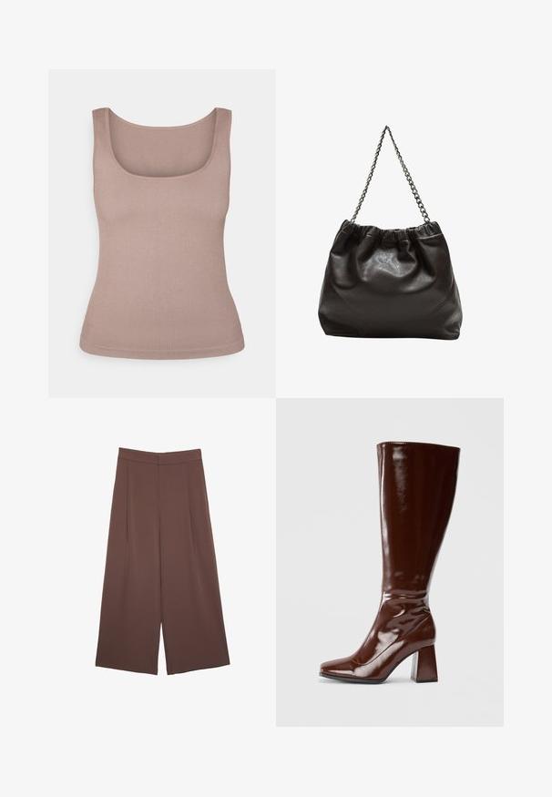 Hladký béžový tielko s jemným ribovaním, s hranatým výstrihom a bez rukávov. Materiál má hladkú textúru a priliehavý strih.; Hnedé nohavice so širokými nohavicami a hladkou textúrou, s vysokým pásom a prednými skladmi. Tkanina je ľahká a voľne sa pohybuje.; Hnedé lodičky z patentovanej kože po kolená so štvorcovou špičkou, lesklým povrchom a robustným podpätkom pre stabilitu. Bezšvový dizajn bez viditeľných prvkov.; Hnedá kožená taška so zberaným vrchom a reťazovým popruhom. Hladký povrch s lesklým finišom a jemným švom po stranách.
