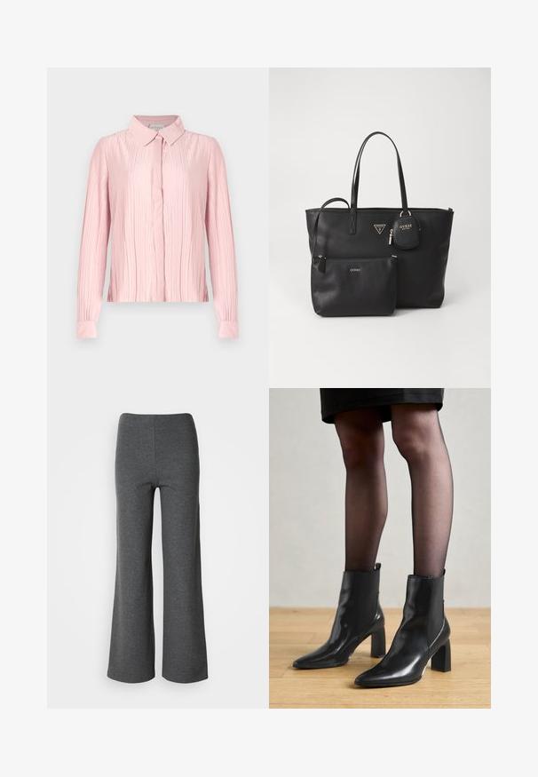 Roze blouse met lange mouwen en een kraaghalslijn, met een geplooid textuur en een knoopsluiting aan de voorkant. Vlotte stof met contrasterende manchetten.; Witte langemouwen overhemd met knopen, een kraag en een borstzak, weergegeven tegen een egale achtergrond.; Grijze wijde broek van zachte stof, met een gladde textuur en een hoge taille zonder zichtbare sluitingen.; Zwarte leren enkellaarsjes met een spitse neus, stevige vierkante hak en een fraaie uitstraling. Beschikt over elastische zijpanelen voor gemakkelijke aan- en uittrekken.; Zwarte neplederen totebag met twee hengsels, een voorzak met rits en een afneembaar zakje. Gouden hardware accenten benadrukken het merklogo.; Zilveren oorbel met een gepolijste afwerking, met kleine gouden accentdetails en een ronde vorm, gedragen op de oorlel.
