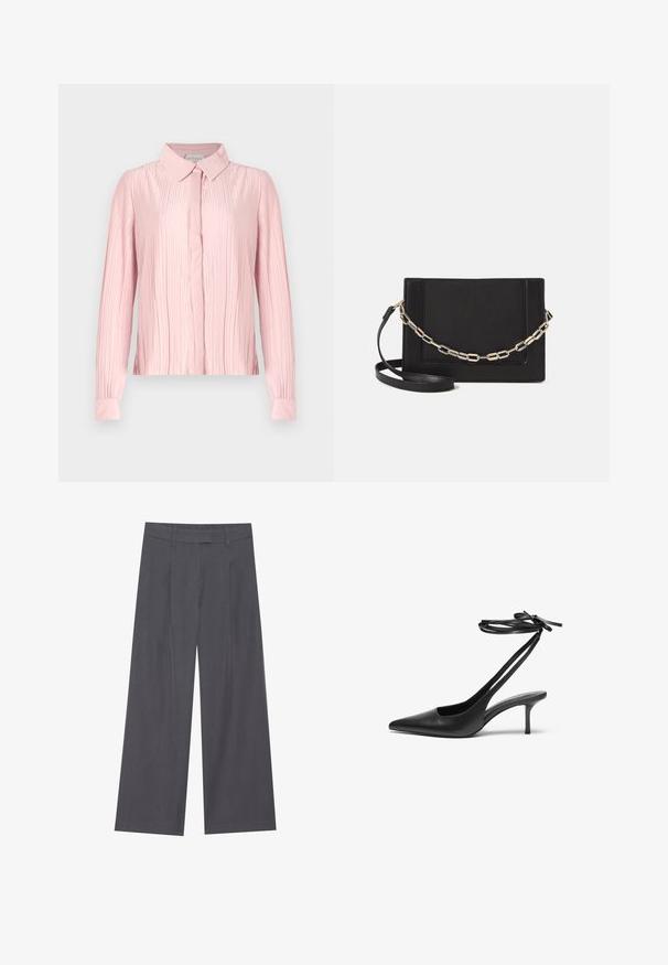 Pink long-sleeve blouse with a collared neckline, featuring a pleated texture and button front. Smooth fabric with contrasting cuffs.; Gray wide-leg trousers with a smooth texture, featuring a pleated design at the front and a standard waistline for a comfortable fit.; Black leather stiletto shoe with a pointed toe, open back, and ankle straps tied in a bow. Slim 3-inch heel. Smooth texture, minimalist design.; Black leather crossbody bag featuring a smooth texture, rectangular shape, and a metallic chain detail on the front. Adjustable strap included.