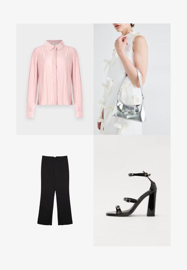 Růžová blůza s dlouhým rukávem a límečkem, s plisovanou texturou a zapínáním na knoflíky. Hladká tkanina s kontrastními manžetami.; Černé kalhoty s rovným střihem, s předními kapsami a bočními rozparky na lemu. Vyrobené z jemné, hladké tkaniny. Vhodné na různé příležitosti.; Černé lakované sandály na podpatku se čtveratou špičkou, lýtkovými pásky a stříbrnými přezkami. Disponují masivním blokovým podpatkem pro stabilitu.; Stříbrná kovová kabelka se strukturovaným tvarem, s horním držadlem a detailem v podobě mašle na přední straně. Hladký povrch, reflexní lesk.