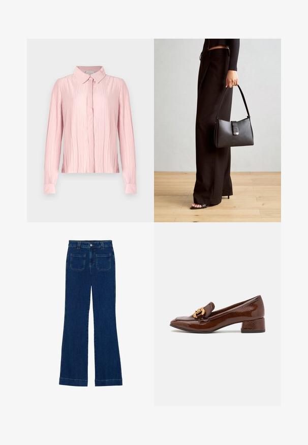 Różowa bluzka z długim rękawem i kołnierzykiem, z plisowanym teksturem i zapięciem na guziki. Gładki materiał z kontrastowymi mankietami.; Jeans dżinsowe z rozszerzanymi nogawkami w ciemnoniebieskim kolorze, o gładkiej fakturze, z pięcioma kieszeniami oraz zapięciem na guzik w talii.; Brązowe skórzane loafersy o błyszczącym wykończeniu, z dekoracyjnym złotym zapięciem z przodu i niskim obcasem. Klasyczny design.; Czarna torebka o usztywnionym kształcie, gładkiej fakturze i metalowym zapięciem. Połączona z szerokimi czarnymi spodniami i sandałami na otwartym palcu na drewnianej podłodze.