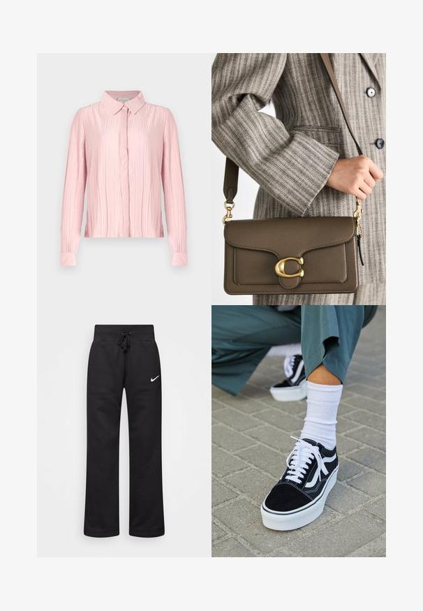 Blusa rosa de mangas longas com gola, apresentando uma textura plissada e fecho de botões. Tecido suave com punhos em contraste.; Calças de moletão pretas feitas de uma mistura de algodão, com um cós elástico ajustável, pernas retas e um logo da Nike branco no lado esquerdo.; Sapatilha de camurça preta com detalhes e atacadores brancos, apresentando uma sola espessa branca e costura em contraste, combinada com uma meia branca.; COACH TABBY SHOULDER BAG 26 - Mala de mão - dark stone