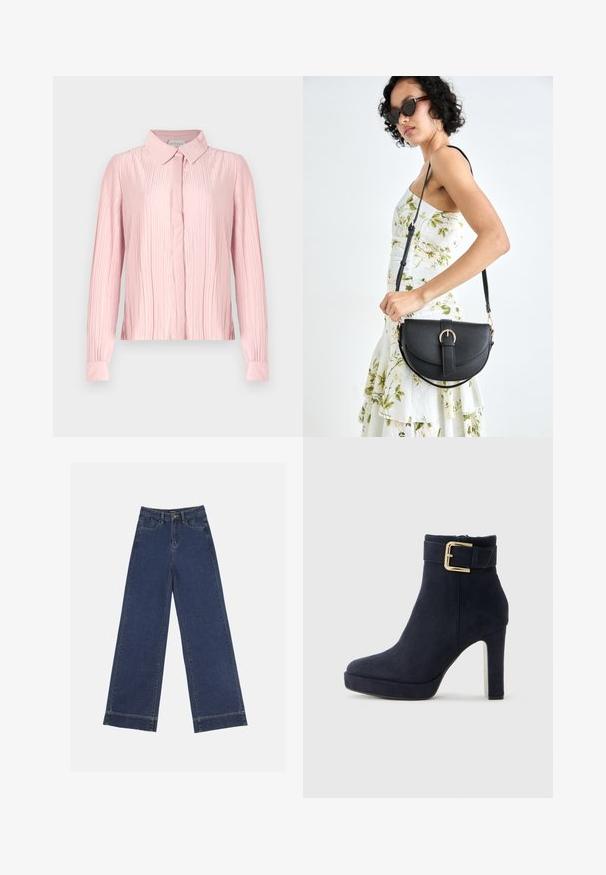 Roosa pikade varrukatega pluus, millel on krae ja pleediriba tekstuur ning nööpidega esitükid. Sujuv kangas kontrastsete mansettidega.; Laiad püksid tumedast sinisest denimist. Omab viit taskut, vöölõke ja toore äärega allosas, kus on nähtavad õmblused.; Mustast sametist kõrge kontsaga ankle boot kuldse rihmaga ja massiivse kontsaga valge tausta ees.; Mustmust mustraha kõverate joontega, eemaldatava rihmaga ja kuldsete detailidega. Kotil on klapp, millel on pandladetail.