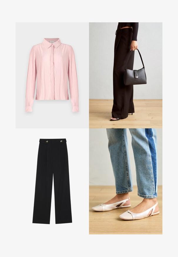 Roosa pikade varrukatega pluus, millel on krae ja pleediriba tekstuur ning nööpidega esitükid. Sujuv kangas kontrastsete mansettidega.; Mustad laiad püksid kõrge vöökoha ja nööpdetailidega vööandil, esikortsudega.; Kahvatu roosa slingback lapikute jalatsite paar, millel on terav varvas, valmistatud siledast nahataolisest materjalist. Omab külgedel lõikekohti ja lapikut kontsa.; Must musta kott, millel on struktureeritud kuju, sile tekstuur ja metallist klamber. Kombineeritud laiate mustade pükstega ja avatud varvaste sandaalidega puidust põrandal.