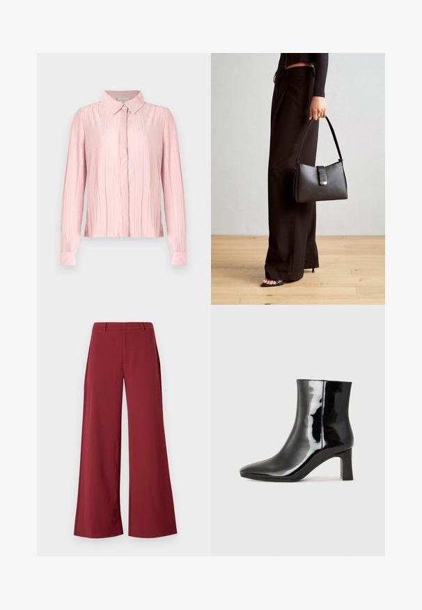 Roosa pikade varrukatega pluus, millel on krae ja pleediriba tekstuur ning nööpidega esitükid. Sujuv kangas kontrastsete mansettidega.; Laiad püksid sügavas burgundia värvitoonis. Valmistatud siledast, venivast kangast, millel on kohandatud õmblused ja eesmine tõmblukk.; Must-sinine nahkjalats musta läikiva viimistlusega, millel on terav nina ja keskmise kõrgusega plokk konts. Sile tekstuur ja minimalistik disain.; Must musta kott, millel on struktureeritud kuju, sile tekstuur ja metallist klamber. Kombineeritud laiate mustade pükstega ja avatud varvaste sandaalidega puidust põrandal.