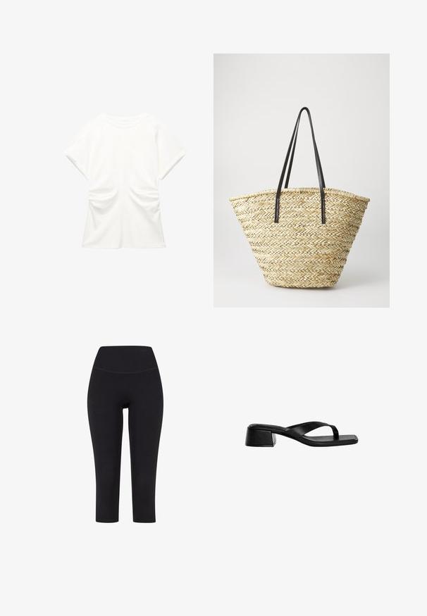 Valkoinen lyhythihainen paita pyöreällä kaula-aukolla ja poimutetulla sivudetaljilla, esillä yksinkertaisella taustalla.; Mustat kolme neljännestä pituutta leggingsit joustavasta kankaasta, joissa on korkea vyötärö eikä näkyviä kuvioita tai metalliosia.; Mustat nahkaiset korkokengät sisältävät thong-tyylisen nauhan, neliön muotoisen varpaan ja matalan lohkon korokkeen. Sujuva pinta minimalistisella tyylillä.; Kudottu oljetta oleva käsilaukku, jossa on leveä, kapeneva muoto ja kaksi mustaa nahkahihnaa. Luonnollinen beige väri, joka on teksturoidulla pinnalla.