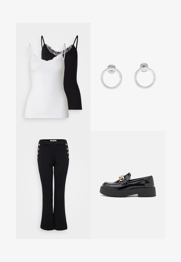 Kaksi t-paitaa valkoisena ja mustana. Molemmissa on ohut olkaintuki ja koristeellinen pitsikaulus. Valmistettu pehmeästä, joustavasta kankaasta.; Mustat leveälahkeiset housut, jotka on valmistettu sileästä kankaasta, kultaisilla napituskoristeilla vyötäröllä ja hyvin istuvalla siluetilla.; Musta kiiltonahasta valmistettu loaferit, joissa on paksu musta pohja ja kultaiset yksityiskohdat. Tasainen pinta ja pyöristetty kärki.; Hopeista valmistetut korvakorut, joissa on harjattu pinta, ympyrän muotoinen muotoilu ja kirkas varsi takana, joka takaa turvallisen käytön.