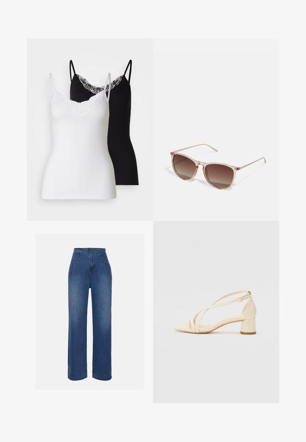 To camiser i hvit og svart. Begge har tynne stropper og en dekorativ blondekant ved halsen. Laget av myk, elastisk stoff.; Høyt midje denimjeans i middels blå. Har knappedetaljer foran og bred benstil. Stoffet har en glatt tekstur med lett falming.; Beige hæl-sandaler med blokhæl, rem-design og justerbar ankelrem, lavet af glat syntetisk materiale med mat finish.; Brune gradient solbriller med en gennemsigtig pink ramme, firkantet facon og tynde metalarme. Har afrundede kanter og minimal detaljering.