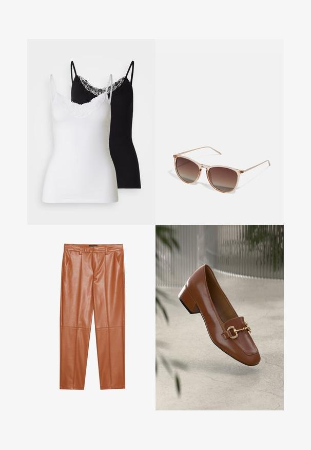 To camiser i hvit og svart. Begge har tynne stropper og en dekorativ blondekant ved halsen. Laget av myk, elastisk stoff.; Brune imitasjonslærbukser med skreddersydd passform, med frontfeller og rette ben. Glatt tekstur uten synlig maskinvare eller detaljer.; Brun lakkert skinn loafer med firkantet tå, metallkjedeakkent, og lav blokkheel; glatt tekstur, minimalistisk design.; Brune gradient solbriller med en gennemsigtig pink ramme, firkantet facon og tynde metalarme. Har afrundede kanter og minimal detaljering.