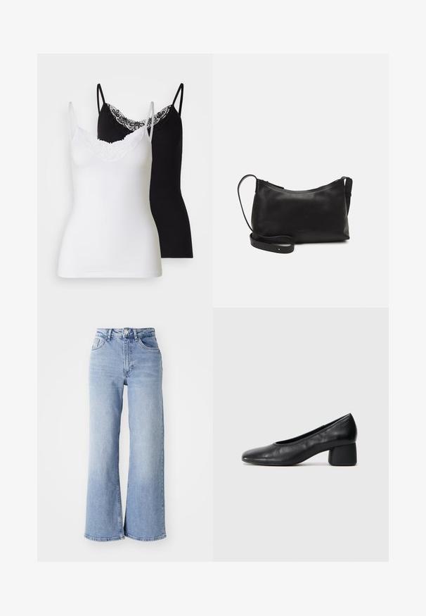 Twee camisole tops in wit en zwart. Beide hebben dunne bandjes en een decoratieve kanten halslijn. Gemaakt van zachte, rekbare stof.; Lichtblauwe hoge taille wijde pijpen jeans met voor- en achterzakken, knoopsluiting en subtiele vervagingen op de dijen en zomen.; Zwarte leren pump met een ronde neus en een middenblokhak. Glad textuur met minimale details, voorzien van een subtiele elastische opening.; Zwarte leren schoudertas met een gladde textuur, gebogen vorm, verstelbare schouderband en een ritsafsluiting. Minimalistisch ontwerp zonder versieringen.