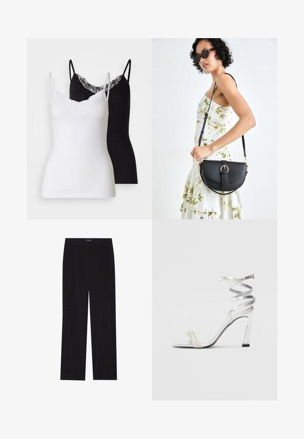 Two camisole tops in white and black. Both feature thin straps and a decorative lace neckline. Made of soft, stretchy fabric.; Black corduroy trousers with a straight cut, featuring a flat waistband and no visible pockets, smooth texture, and vertical ribbing detail.; Silver high-heeled sandal with a shiny strap design, featuring a pearl-like accent and a spiraled ankle strap for secure fit.; Black leather handbag with a curved shape, detachable strap, and gold hardware. The bag features a flap with a buckle detail.