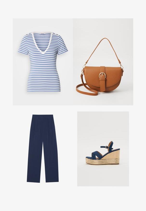 Ribaga V-kaelusega t-särk helesinises ja valges, lühikeste käistega ning dekoratiivsete nööpdetailidega vasakul õlal. Pehme puuvillane materjal.; Tumedat sinised laiad püksid pehmest kangast, millel on esipleekid, sile pind ja sirge lõige, ilma nähtavate taskuteta.; Tumesinine klotsmanisaapad ristatud rihmadega, tekstureeritud looduslikust kiust platvorm ja kuldne metallist aktsent põhjas.; Pruun nahast õlakott, millel on kumer kuju, kullavärvi riistvara ja pandlaga kaunistus. Omab eemaldatavat õlarihma.