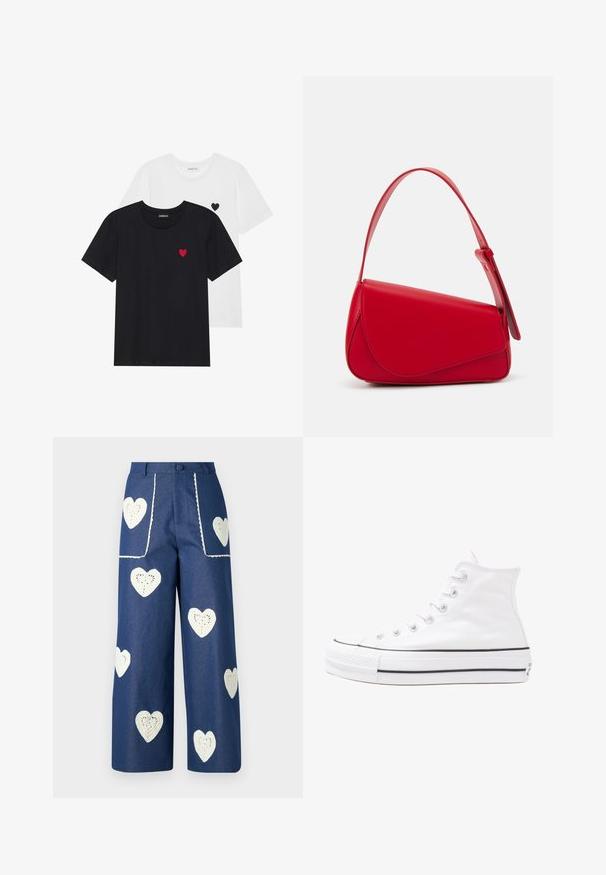 Even&Odd 2 PACK - Print T-shirt - white/black; Sister Jane HEART TO HEART - Straight leg jeans - blue denim; White high-top canvas sneaker with black rubber sole, front rubber toe cap, and six eyelets for laces, featuring a clean, minimalist design.; Red leather handbag with an angular, geometric design. Features a single adjustable strap and a flap closure with stitched detailing.