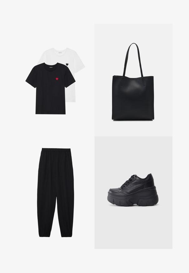 Even&Odd 2 PACK - Trükipildiga T-särk - white/black; Mustad, kerge kangas püksid elastse vöökoha ja kokku volditud pahkluudega. Kanga pind on sile ja disain on lõdvestunud, kitsenev.; Mustad mustaga värvi kingad, millel on paks tald, sile nahk peals, ümar nina ja eristuva kihilise platvormi disain.; Mustast nahast kott sujuva tekstuuriga, ristkülikukujuline ja kahe pika sangaga. Pole nähtavat riistvara ega kaunistusi.