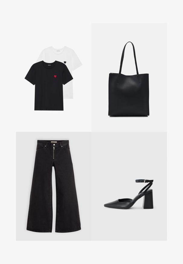 Even&Odd 2 PACK - T-shirt med print - white/black; Breda jeans i svart denim med dragkedja fram, femfickorsdesign och subtila sömdetaljer. Slät textur och avslappnad stil.; Svart läderpumps med spetsig tå, ankelrem och kraftig klack. Slät textur, stilren design och minimalistisk estetik.; Svart lädertoffelväska med slät textur, rektangulär form och två långa handtag. Ingen synlig hårdvara eller dekorationer.