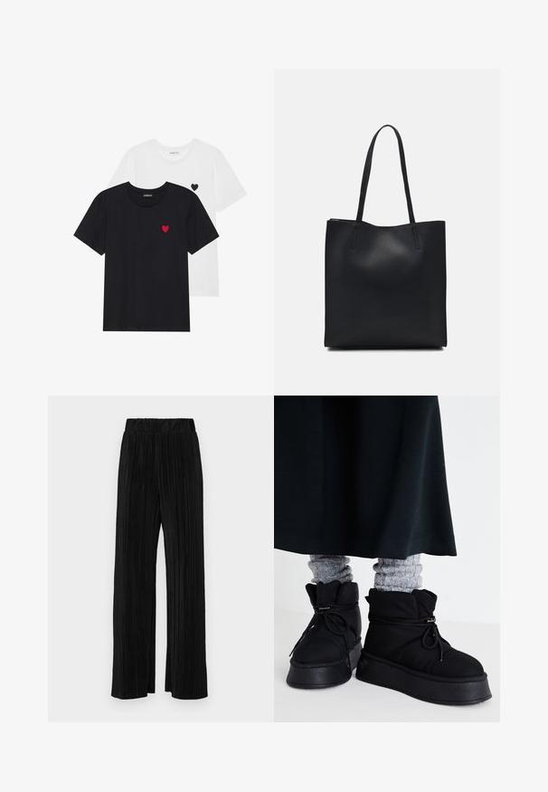 Even&Odd 2 PACK - T-shirt print - white/black; Zwarte geplooide broek met een elastische tailleband. Beschikt over wijde pijpen en een glad, gestructureerd stof met verticale strepen.; Zwarte puffy enkelboots met platte zolen, veters en opvallende stiksels. Gecombineerd met grijze geribde sokken die eruit steken, gedragen met een donkere rok.; Zwarte leren handtas met een gladde textuur, rechthoekige vorm en twee lange handvaten. Geen zichtbare hardware of versieringen.