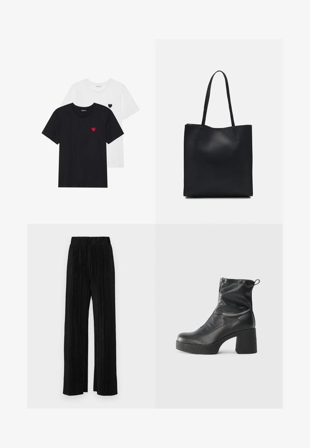 Even&Odd 2 PACK - Trükipildiga T-särk - white/black; Mustad pleekitud püksid elastse vöökohtaga. Omavad laiad jalad ja sujuvat, tekstureeritud kangast vertikaalsete triipudega.; Mustad mustad ansapüksid, mis on valmistatud siledast nahast, külje zipperiga, paksu tekstuuriga kontsaga ja ümmarguse nina disainiga.; Mustast nahast kott sujuva tekstuuriga, ristkülikukujuline ja kahe pika sangaga. Pole nähtavat riistvara ega kaunistusi.