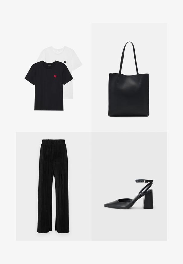 Even&Odd 2 PACK - Triko s potiskem - white/black; Černé plisované kalhoty s elastickým pasem. Mají široké nohavice a hladkou, strukturovanou tkaninu s vertikálními pruhy.; Černé kožené lodičky se špičatou špičkou, kotníkovým páskem a silným podpatkem. Hladká textura, elegantní design a minimalistická estetika.; Černá kožená taška přes rameno s hladkým povrchem, obdélníkovým tvarem a dvěma dlouhými uchy. Žádné viditelné kování ani ozdoby.