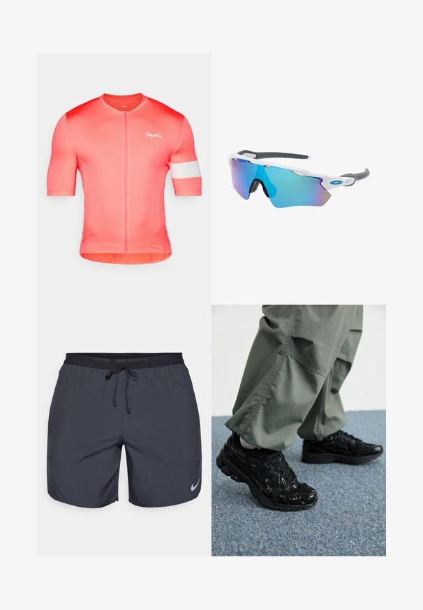 Rövid ujjú kerékpáros mez gradiens korall anyagban, elülső cipzárral és fehér akcentussal a felső karon, a "Rapha" márkanevével.; Sötétszürke Nike futóshorts, elasztikus derékkal és húzózsinórral, az alsó jobb lábszáron ezüst színű logóval.; Fekete sportcipők fényes és hálós textúrával, vastag talppal és fűzővel, laza olívazöld cargo nadrággal párosítva.; Fehér keretű napszemüveg, szürke díszítéssel és kék tükörlencsékkel. Sportos dizájn, körbeölelő forma és állítható orrtámasz.