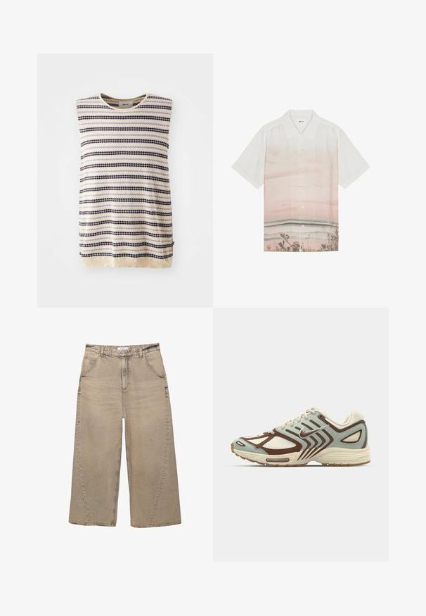 Top senza maniche in maglia color crema con righe orizzontali alternate di viola, nero e azzurro chiaro; scollo rotondo e tessuto testurizzato.; Camicetta a maniche corte in tessuto bianco con un design a gradiente di tonalità rosa pallido e una stampa di un paesaggio marino nella parte inferiore. Chiusura con bottoni.; PULL&BEAR MEGA BAGGY - Jeans baggy - light grey; Sneaker azzurro chiaro e marrone con una tomaia in rete texturizzata, design stratificato, dettagli riflettenti e una suola intermedia cremosa imbottita.