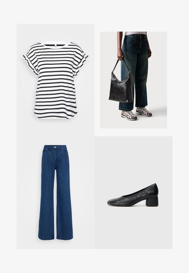 Camiseta de rayas negras y blancas con mangas cortas acampanadas, escote redondo y un corte holgado. Fabricada con un tejido suave y ligero.; Pantalones vaqueros de mezclilla azul de pierna ancha con cintura alta, cierre frontal de botón y cremallera, y bolsillos delanteros y traseros sobre un fondo liso.; Zapato de tacón negro en piel con punta redonda y tacón bloque medio. Textura suave con un detalle minimalista, que incluye una sutil abertura elástica.; Bolso de hombro de cuero negro con una textura suave y correa ajustable, combinado con jeans de pierna ancha desgatados y zapatillas deportivas.