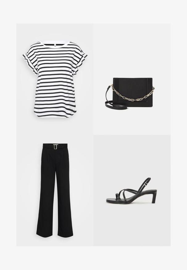 Black and white striped t-shirt with short ruffled sleeves, round neckline, and a loose fit. Made from a light, soft fabric.; Black wide-leg trousers made of lightweight fabric, featuring a smooth texture, front pleats, and a belt with a square metal buckle.; Black strappy sandal with a square toe and a low block heel. Features multiple thin straps and an adjustable ankle strap. Made of smooth leather.; Black leather crossbody bag featuring a smooth texture, rectangular shape, and a metallic chain detail on the front. Adjustable strap included.