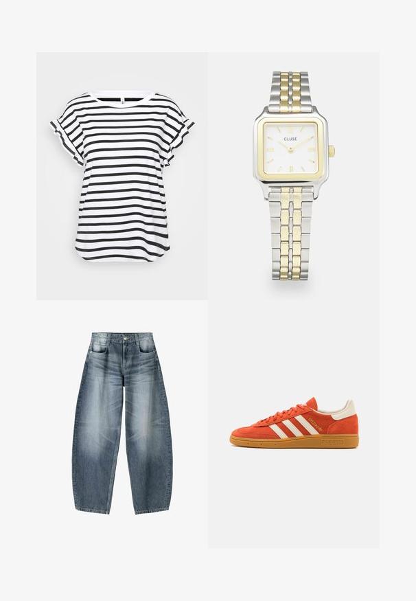 Tricou cu dungi alb-negru, cu mâneci scurte și volănașe, decolteu rotund și croială lejeră. Construit dintr-un material ușor și moale.; Blugi evazați din denim albastru deschis cu estompare, având un design cu cinci buzunare, închidere cu nasturi și detalii de coasere minime.; Tenisi din suede portocaliu cu accente din piele albă, având trei dungi albe și o talpă din cauciuc de tip gumă. Logo-ul "Spezial" este prezent pe limbă.; Ceas Cluse pătrat cu un cadran alb, accente de aur și argint, și o curea bimetalică cu linkuri alternante de aur și argint.